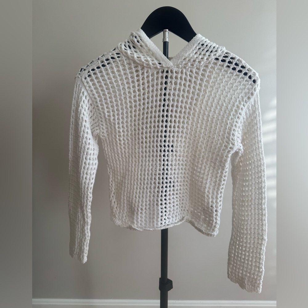 Girls Size Large (10-12) White Crochet Knit Hoodie